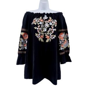 Free People Embroidered Off Shoulder Tunic Mini Dress Small Black Floral Peasant